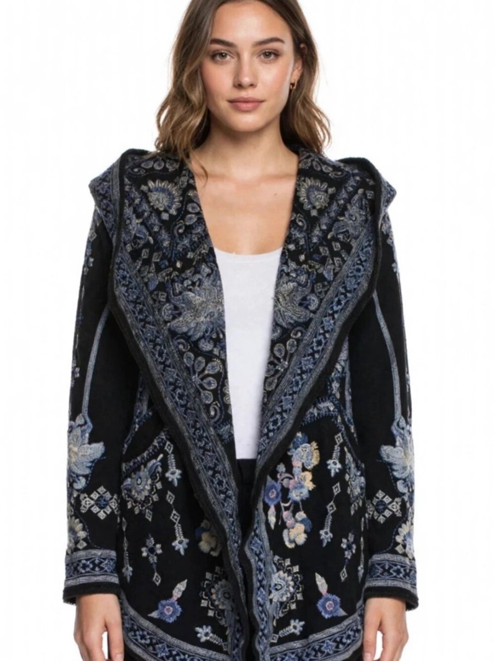 Biya Floral Embroidered Hooded Open Front Cardigan Cropped Coat Black M Medium